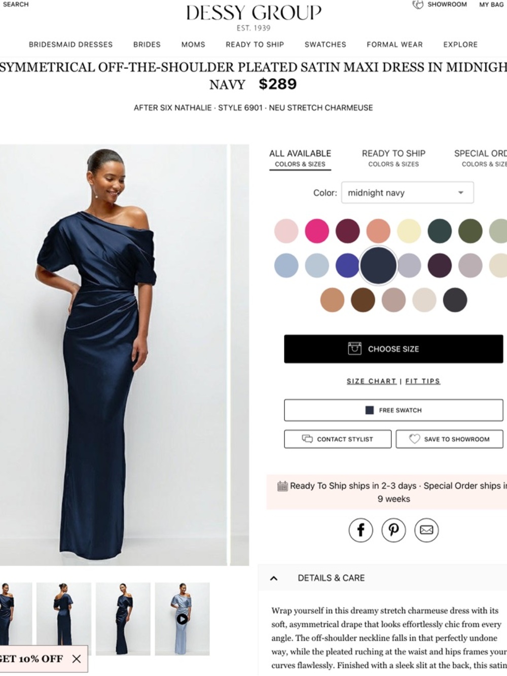 After Six Midnight Navy Satin Off-the-Shoulder Pleated Maxi bridesmaid Dress
